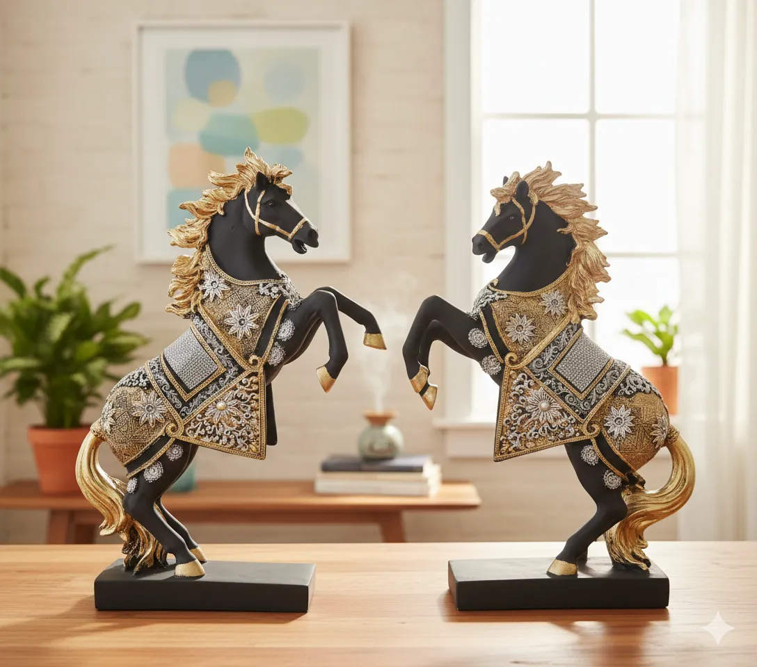 ARADH Horses Statue| Blending Charm and Positive Energy |Vaatu&Fengshui Figurine |Home Decor Items |Decorations and Gifting |Running Horses Statue for Money & Wealth.- Polyresin(Set of 2 Black)